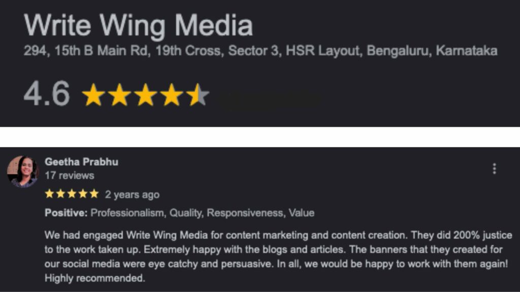 Google reviews of Write Wing Media