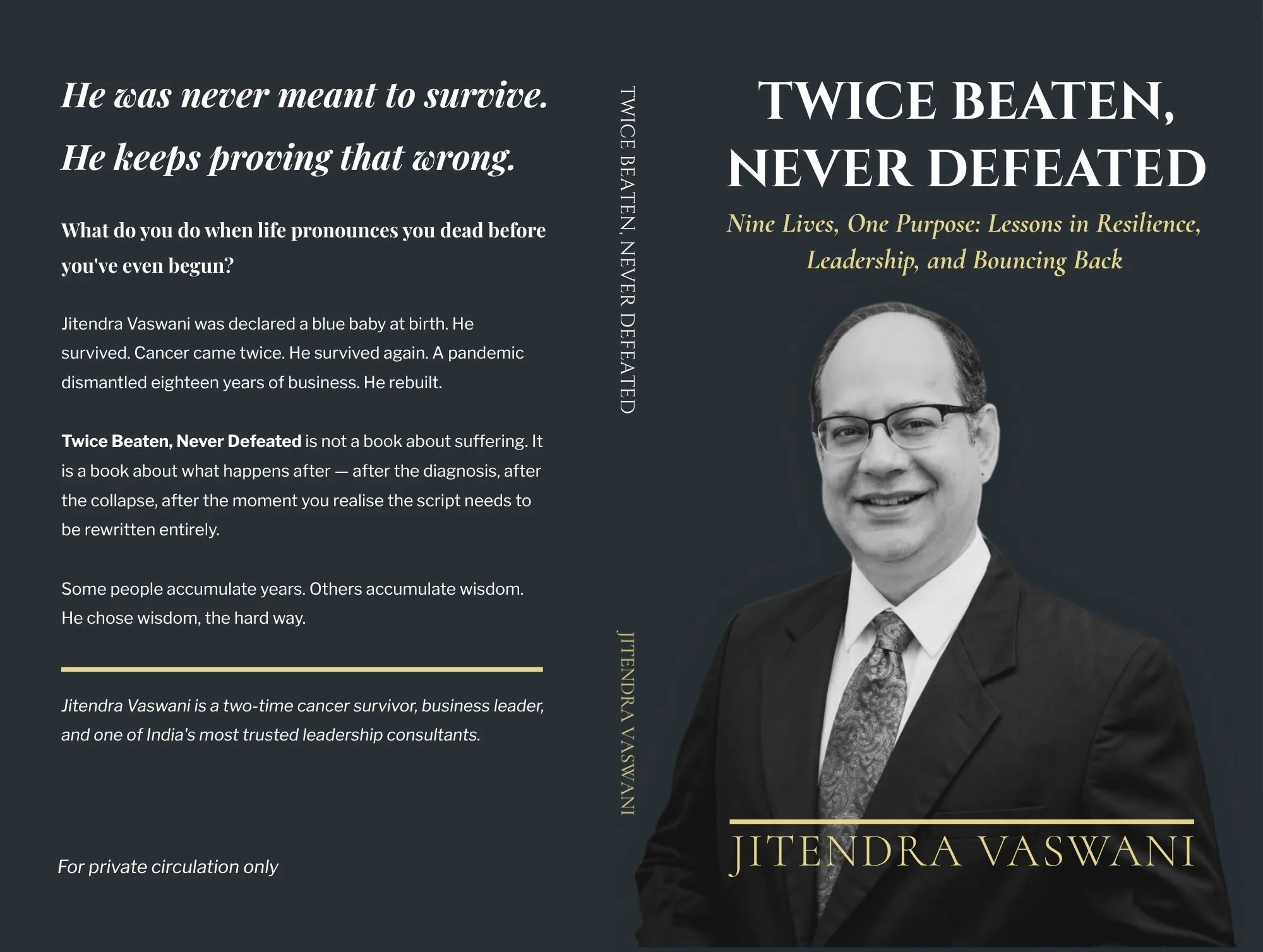 Front and back cover of Twice Beaten Never Defeated by Jitendra Vaswani — print-ready cover design by Write Wing Media, Bengaluru