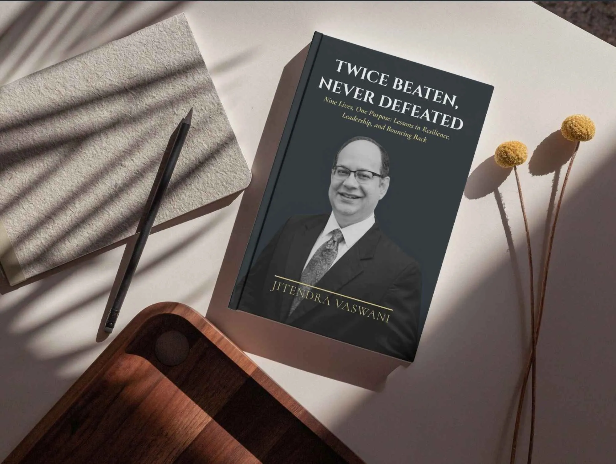 Print cover of Twice Beaten Never Defeated by Jitendra Vaswani — memoir editing and cover design, Bengaluru