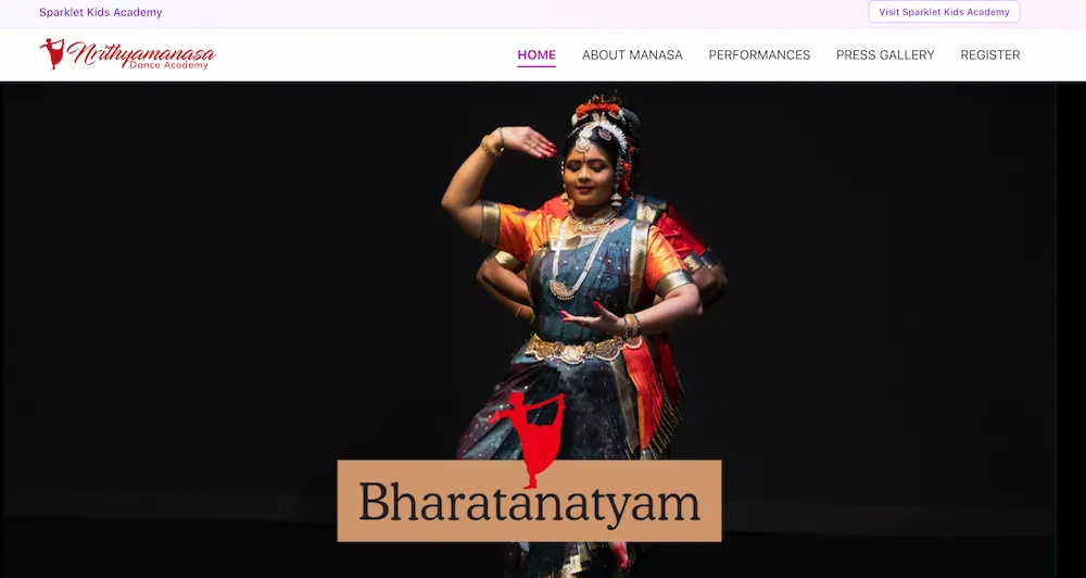 Nrithyamanasa Performing Arts Center homepage redesign — Bharatanatyam academy website, Santa Clara