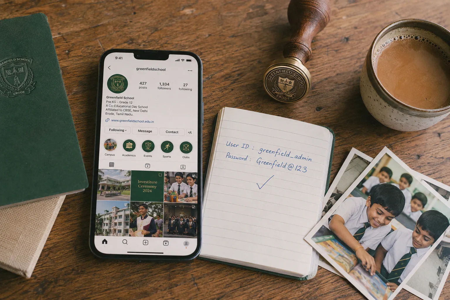 School social media setup checklist and Instagram profile on a desk with chai — CBSE school digital presence case study, Bengaluru
