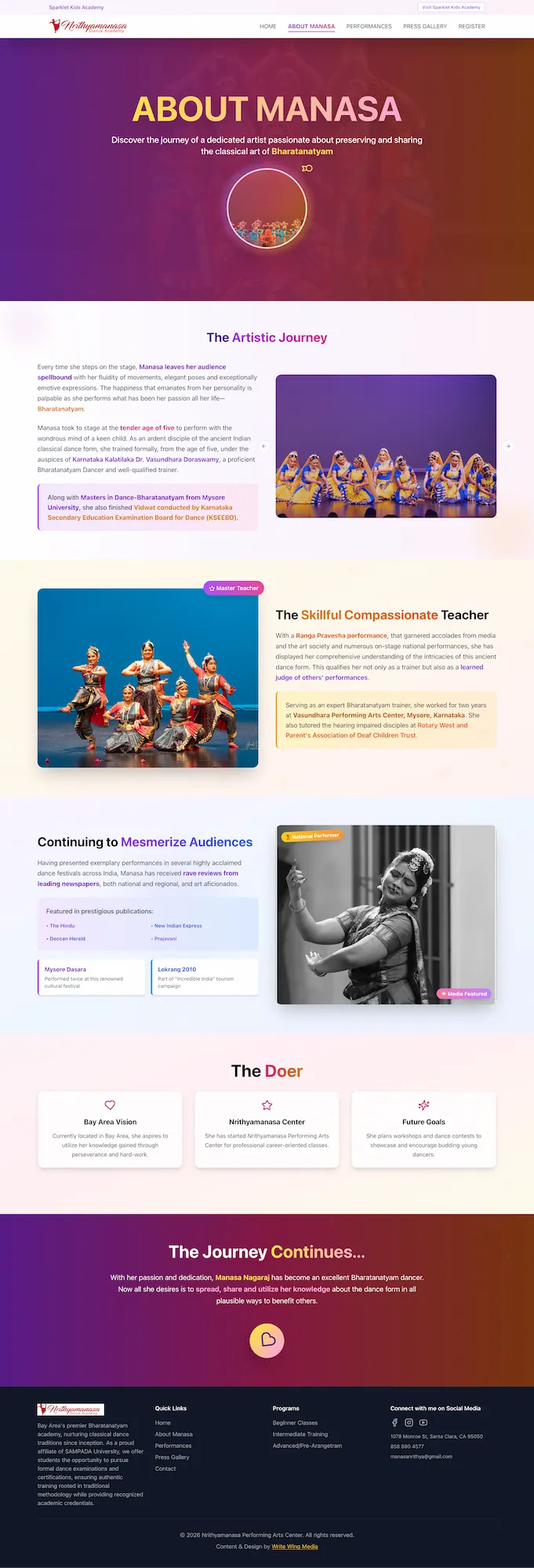 About page for Manasa Nagaraj — rewritten biography and credentials, Nrithyamanasa website redesign