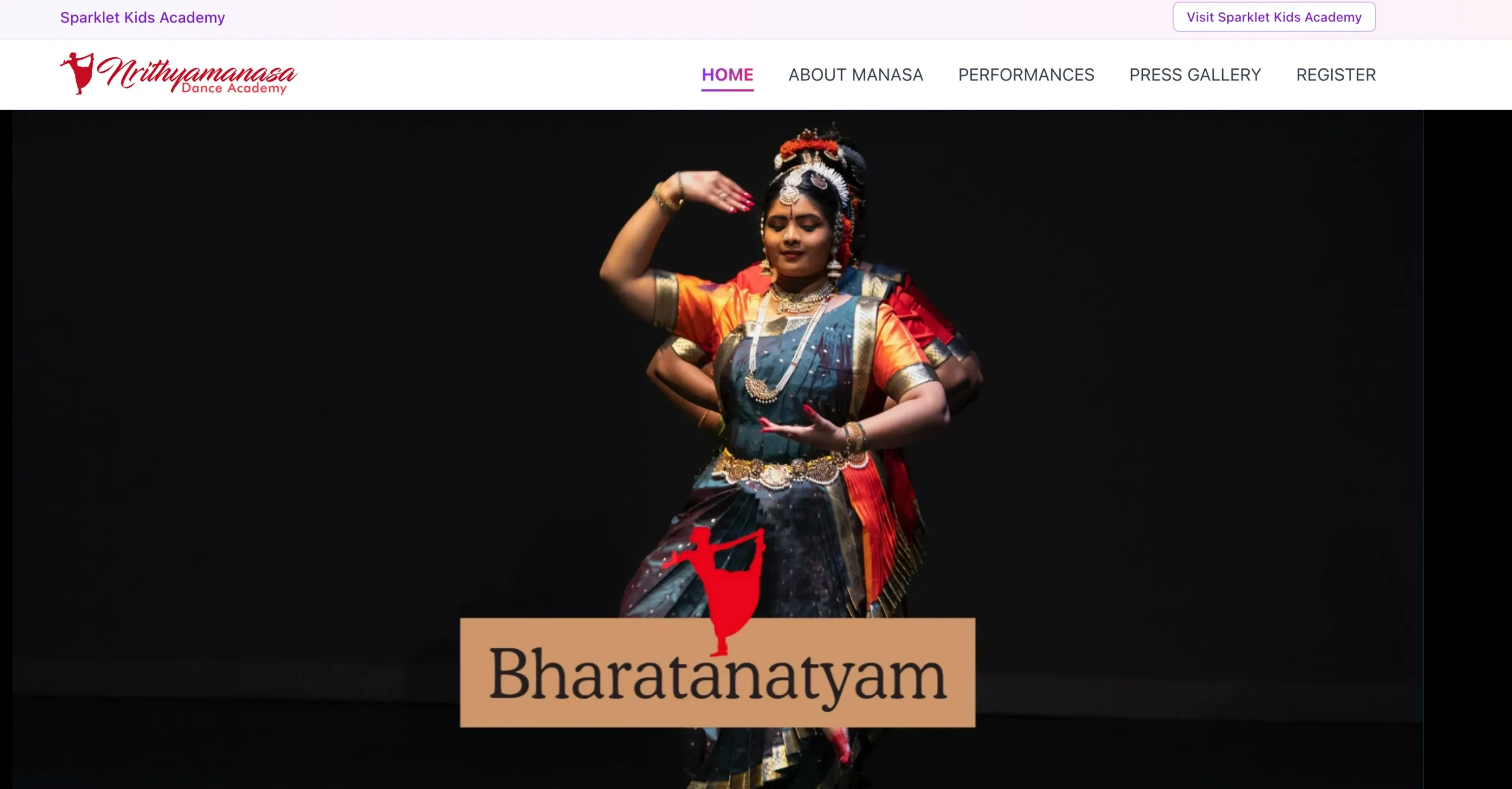 Vibrant homepage hero of Nrithyamanasa Performing Arts Center — Bharatanatyam academy website redesign, Santa Clara Bay Area