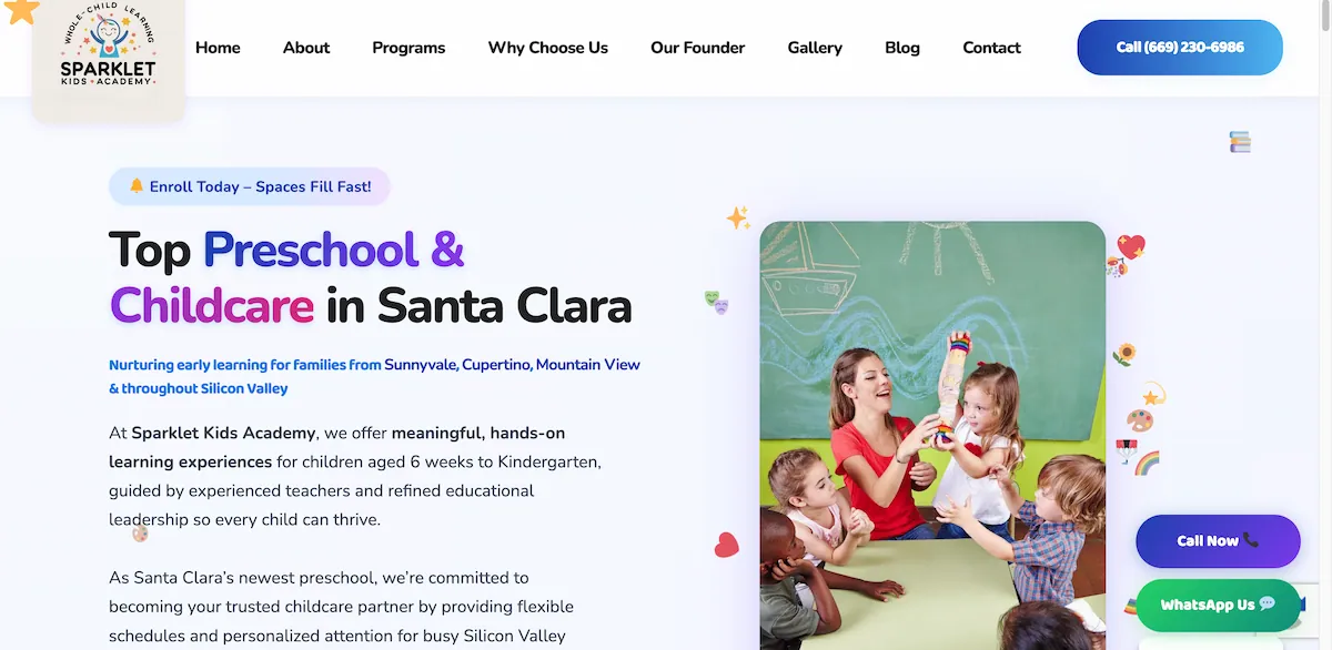 Full homepage of Sparklet Kids Academy — preschool website design case study, Santa Clara