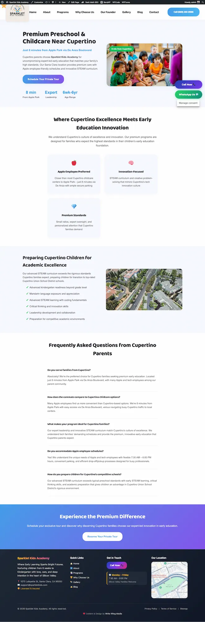 Sparklet Kids Academy homepage — preschool website from no logo to nine-city SEO, Santa Clara