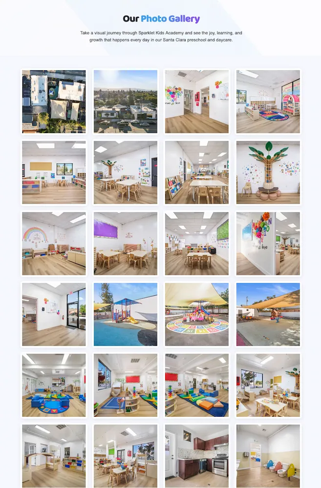 Sparklet Kids Academy gallery page showing professional classroom photography — childcare website, Santa Clara