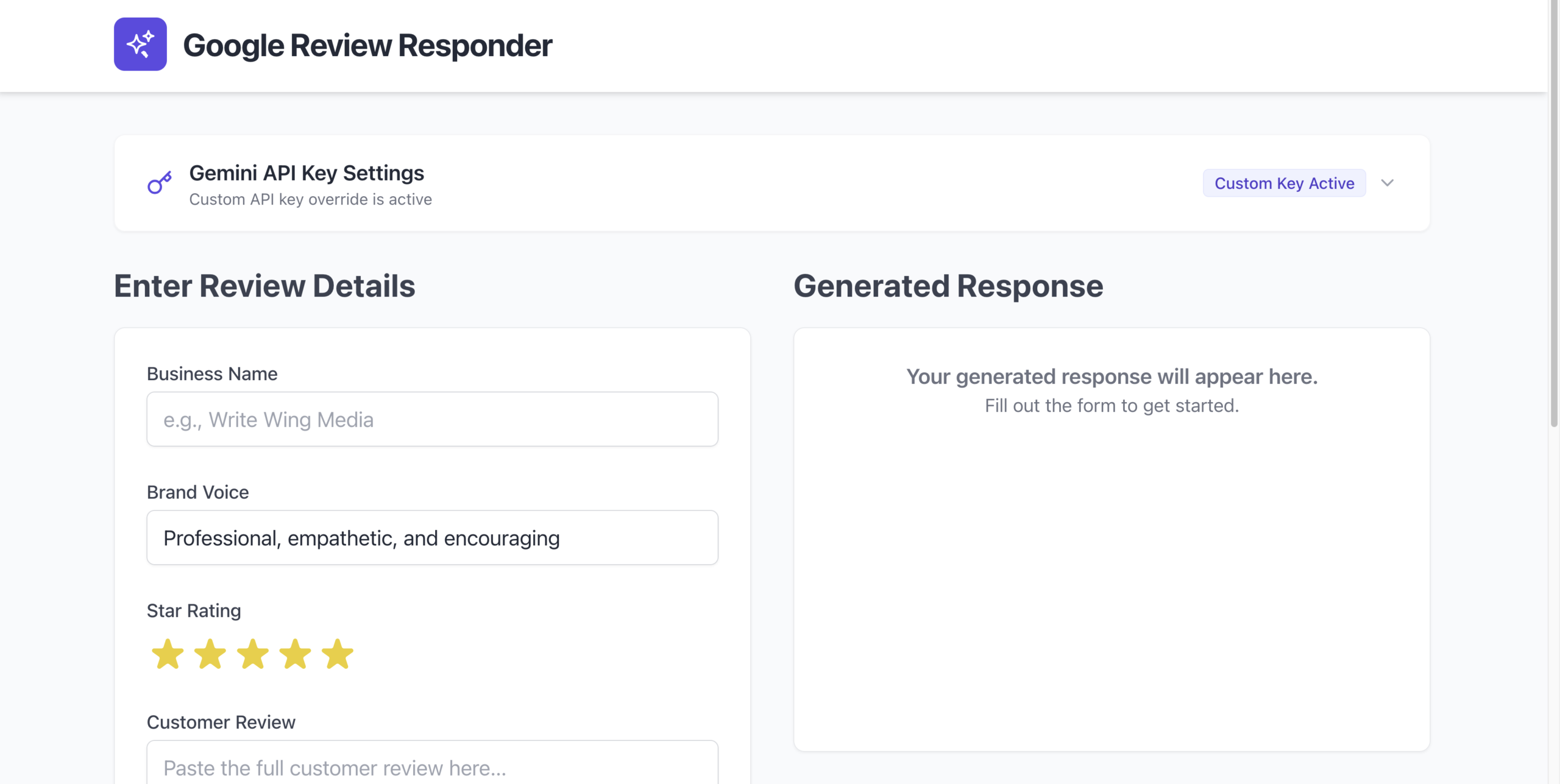 Google Review Responder tool interface — AI-drafted SEO-aware replies to customer reviews