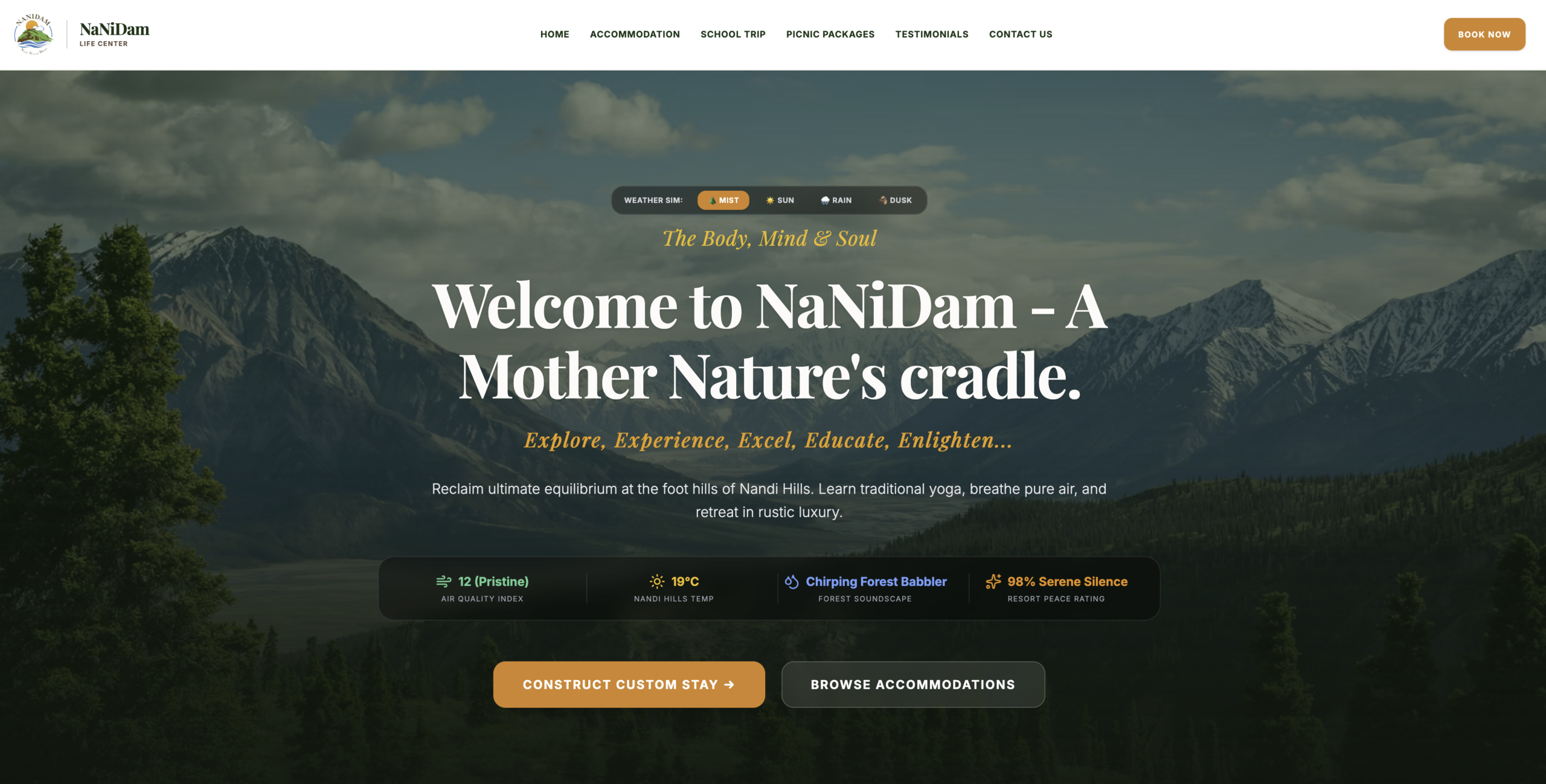Nanidam resort concept website with testimonials and WhatsApp booking flow