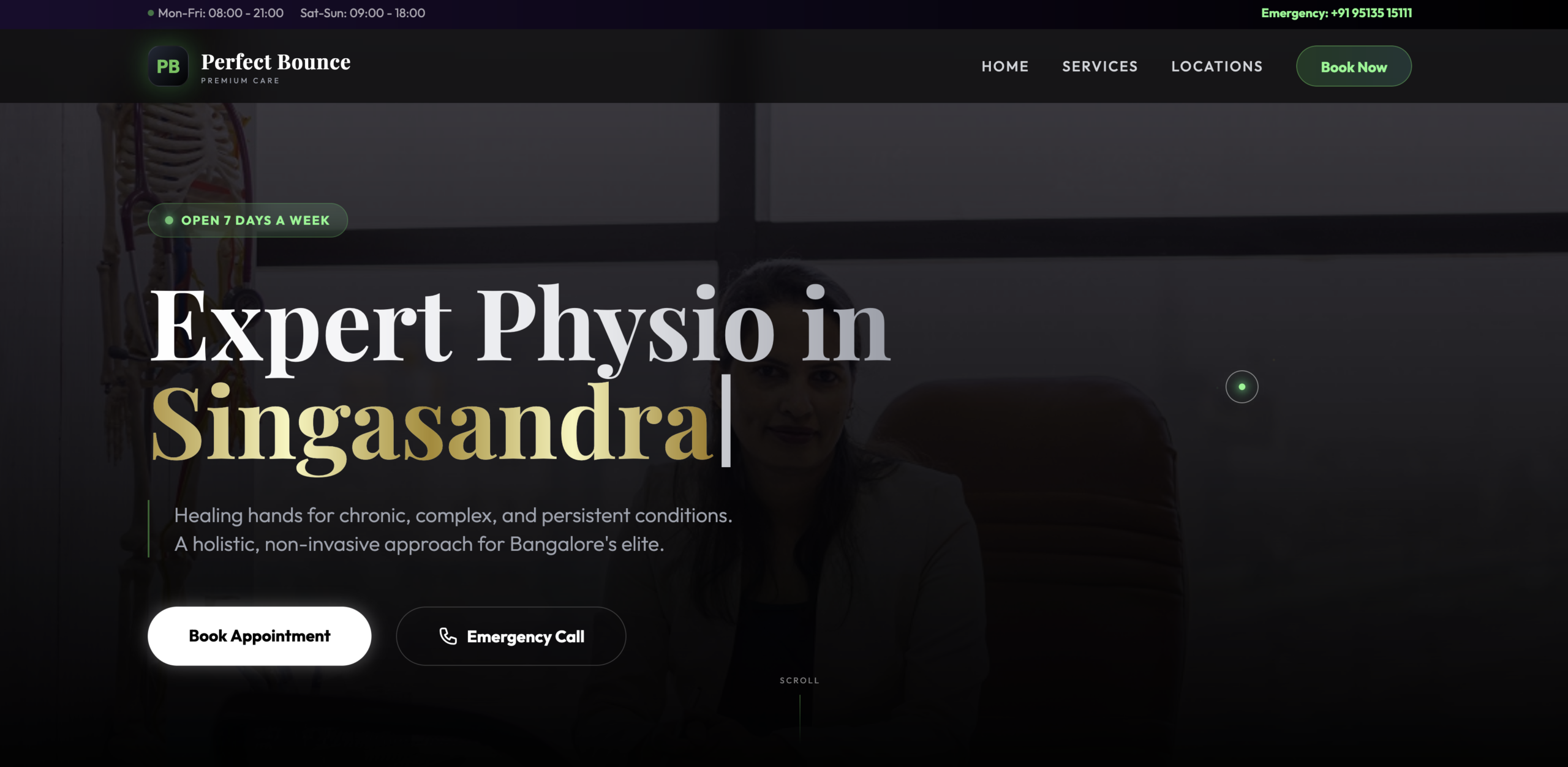 Perfect Bounce physiotherapy clinic chain concept website — one dynamic site replacing three clinic locations