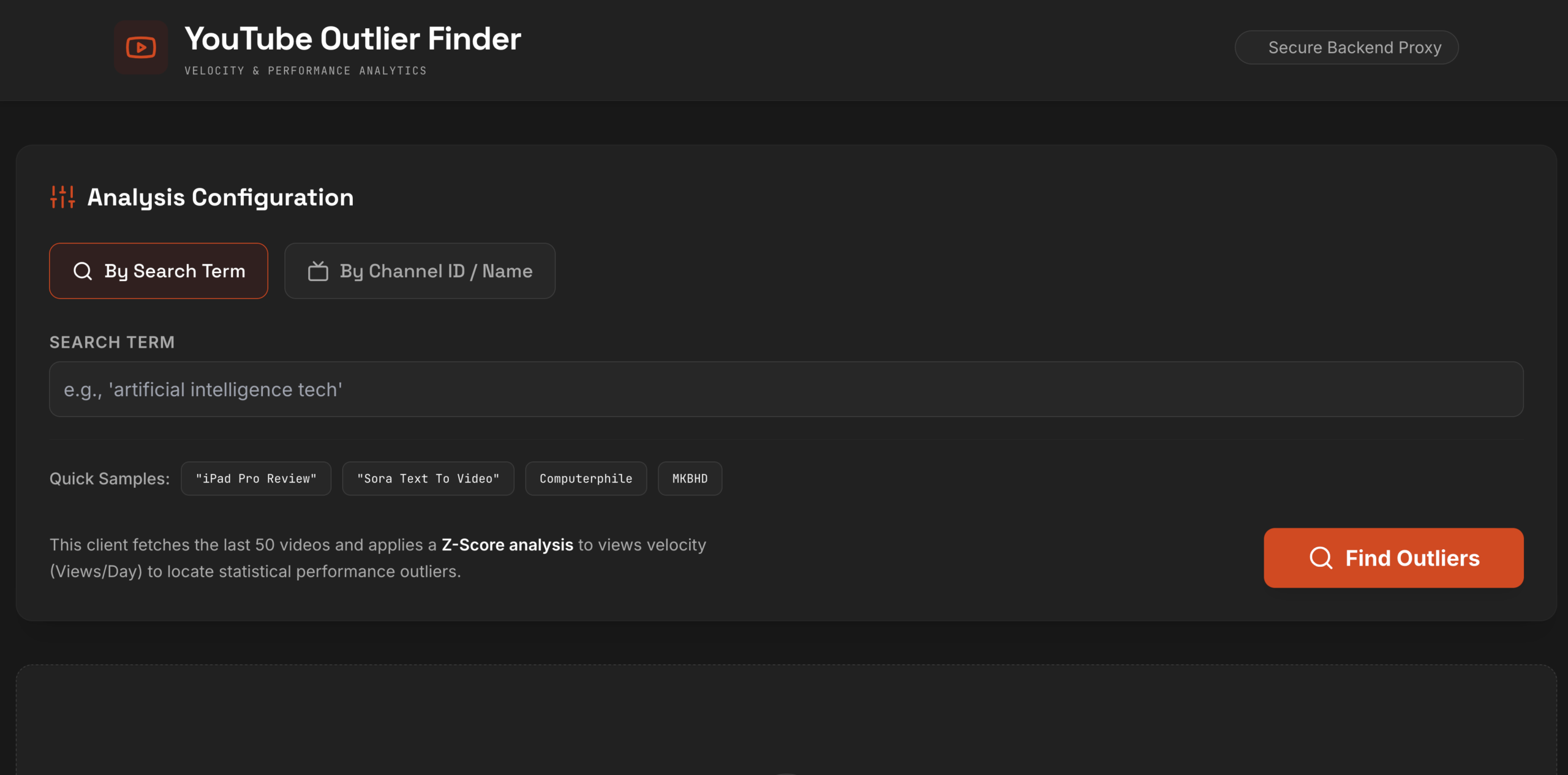 YouTube Outlier Video Finder tool — identifying videos that outperform the algorithm in a niche
